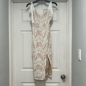 Lulus ‘Just My Love’ white & beige, lace cover w/ tie strap dress. Size Small.
